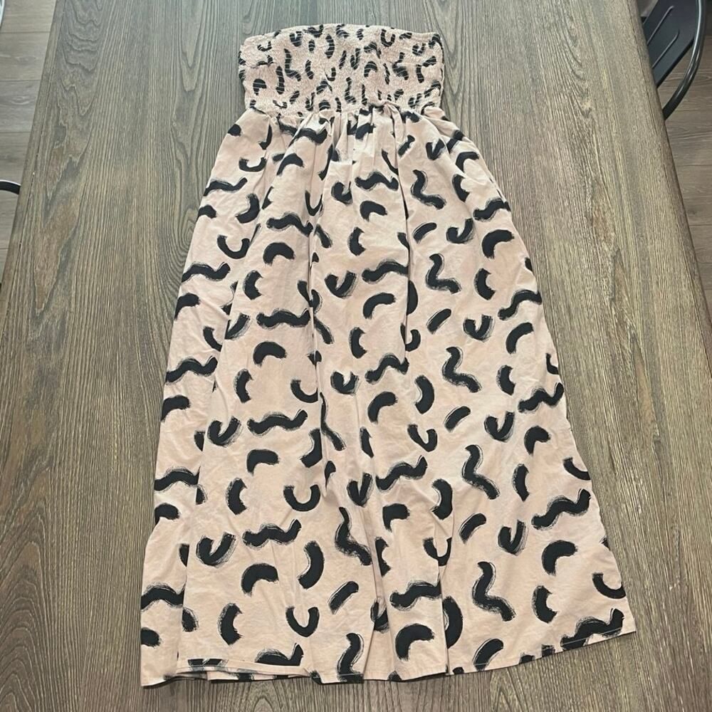 A New Day Womens Smocked Midi Dress Strapless Patterned Beige Black Size XS